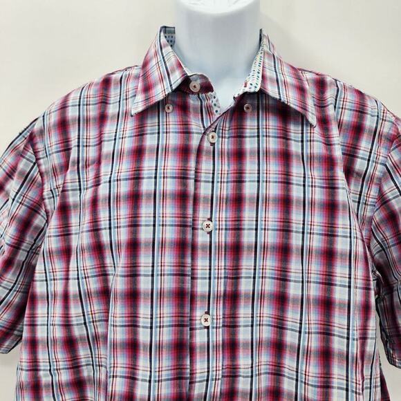 Report Collection Red Blue Plaid Stripe Button Down Short Sleeve Shirt XL - Picture 3 of 4
